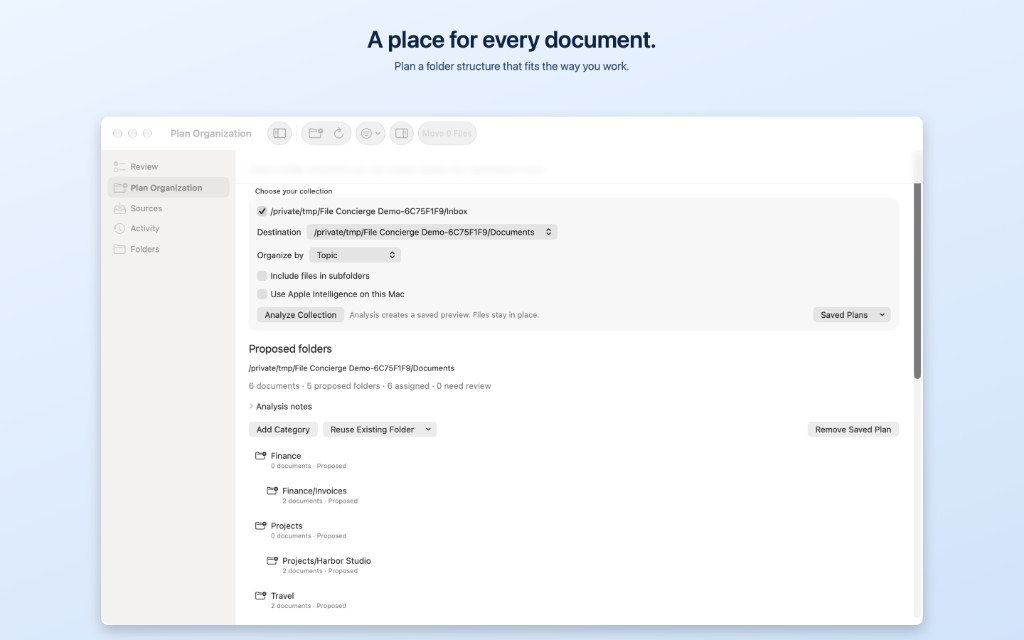 File Concierge Plan Organization window with proposed folders for Finance, Projects, and Travel