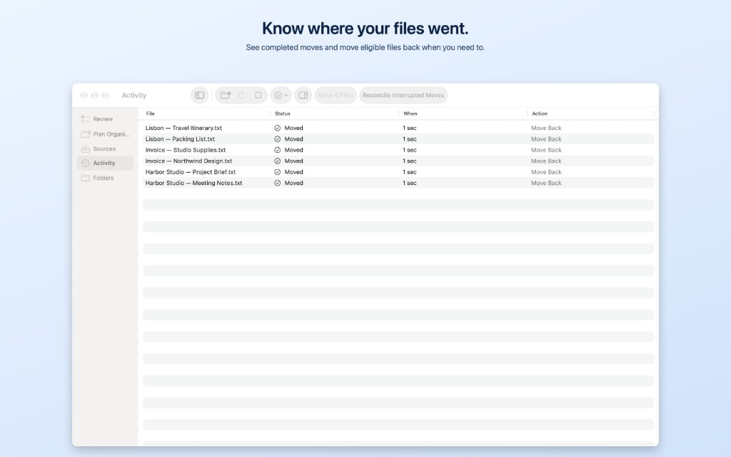 File Concierge Activity list of completed moves with Move Back for each file