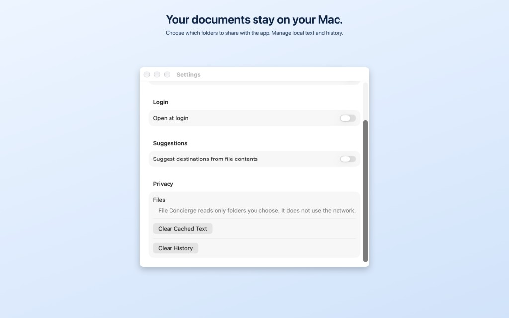 File Concierge Settings showing on-device privacy, Clear Cached Text, and Clear History
