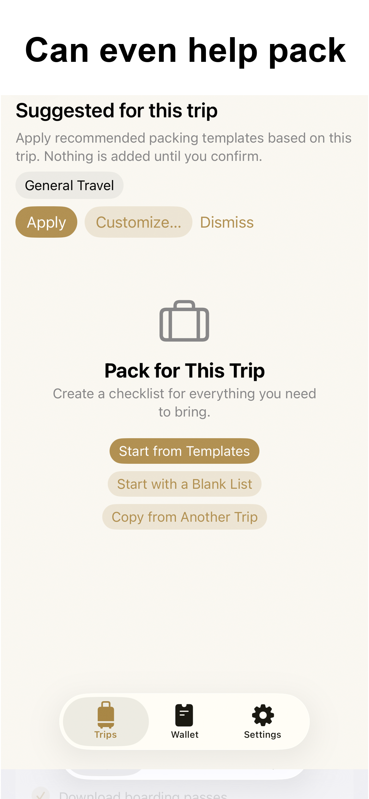 Gullivers packing screen with suggested templates and options to start a packing list