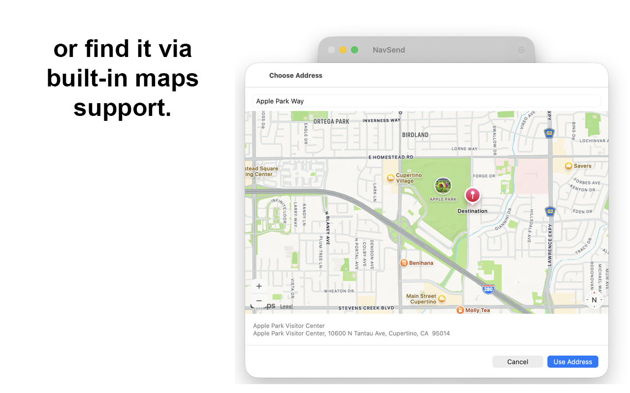 Choose Address map in NavSend for Apple Park Visitor Center