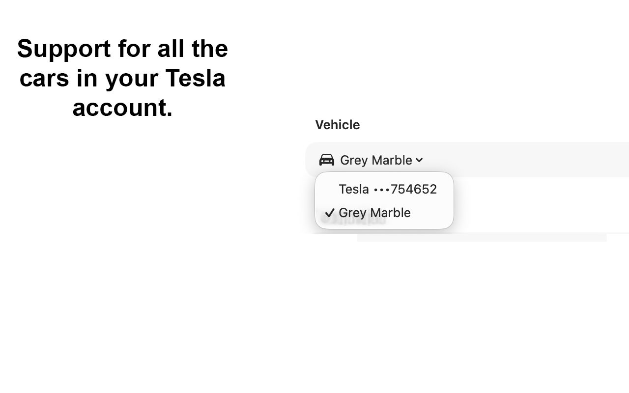 NavSend vehicle menu listing cars on the Tesla account