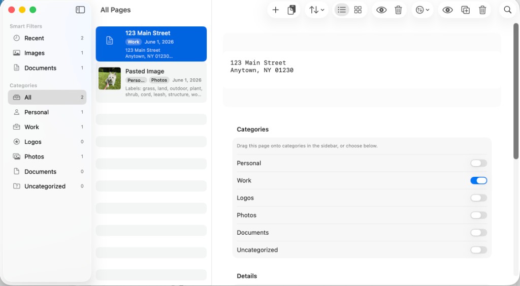 PageKeeper on Mac showing sidebar filters, categories, and a page preview