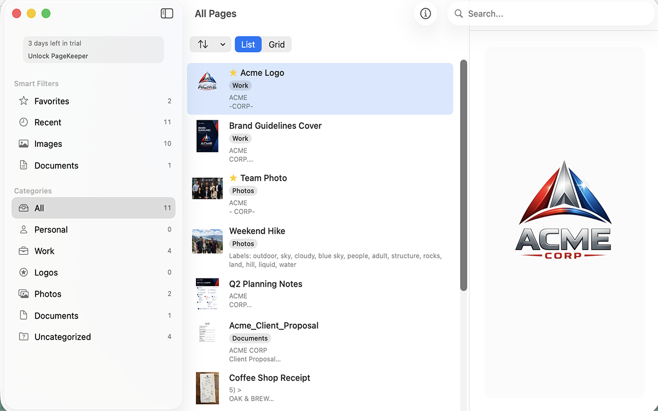 PageKeeper previewing a logo with favorites and work categories visible