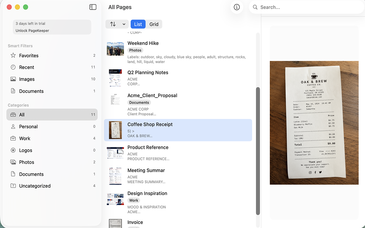 PageKeeper displaying a coffee shop receipt in the preview pane