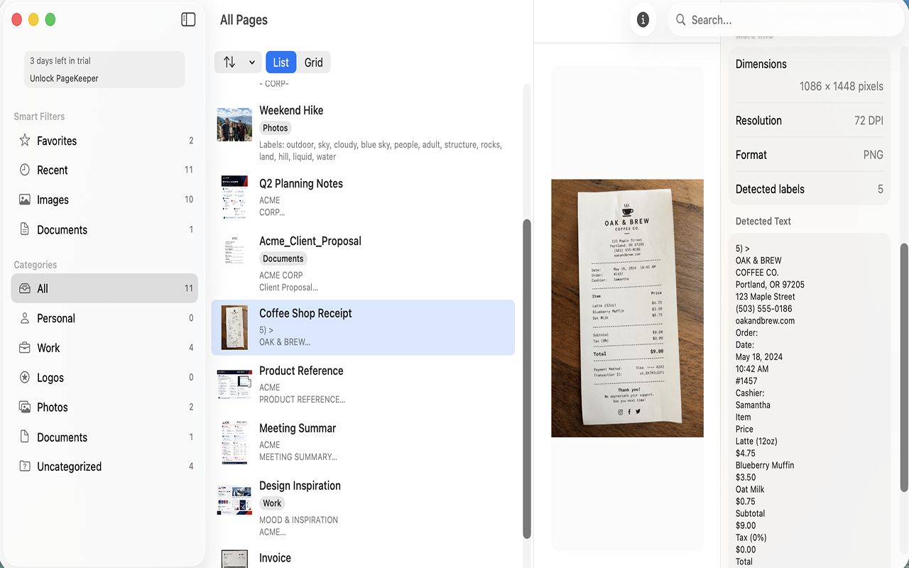 PageKeeper showing detected text extracted from a receipt