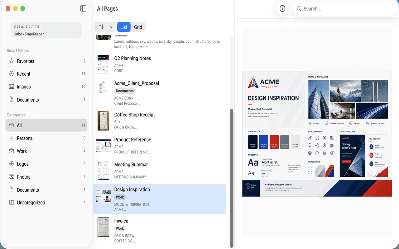 PageKeeper previewing a design inspiration mood board