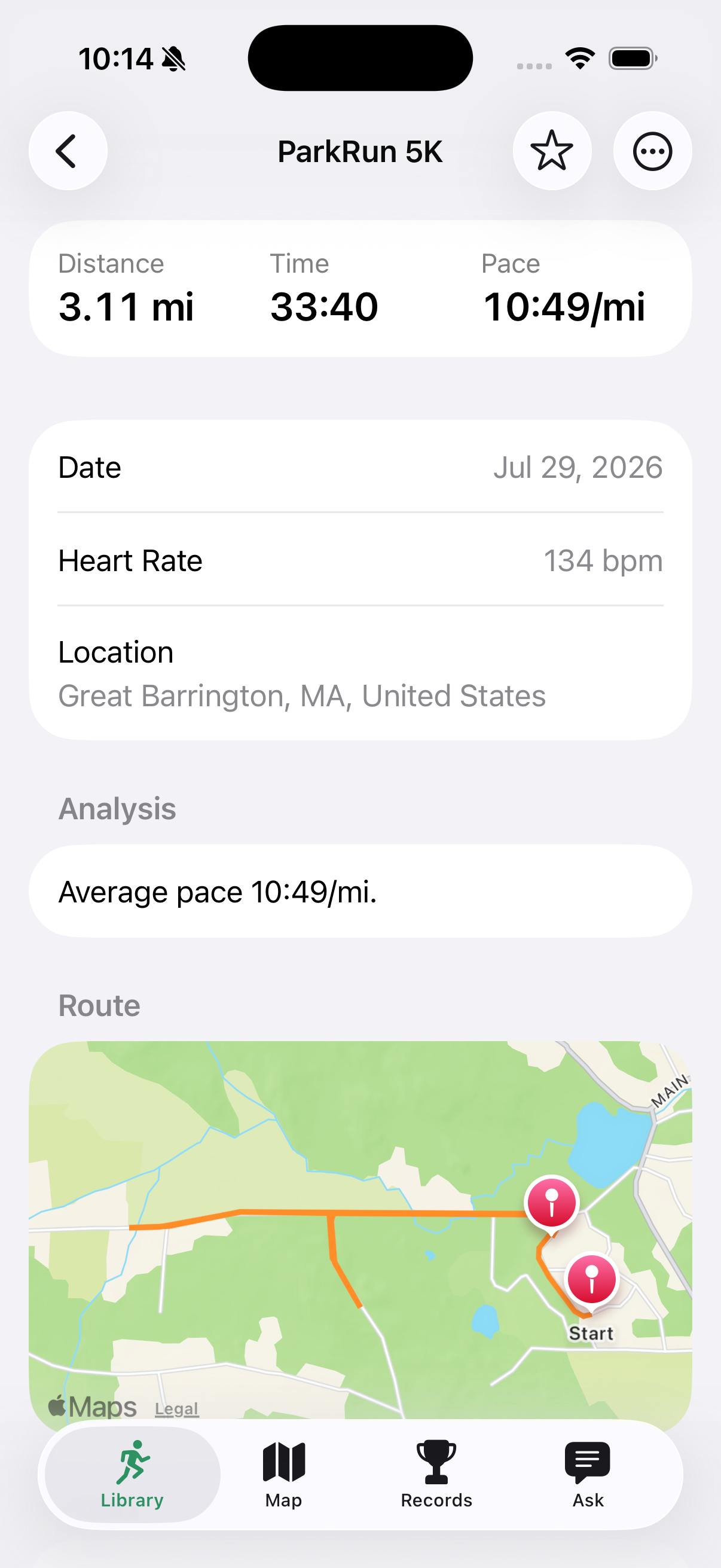 RunRecall run detail for ParkRun 5K with metrics, analysis, and route map