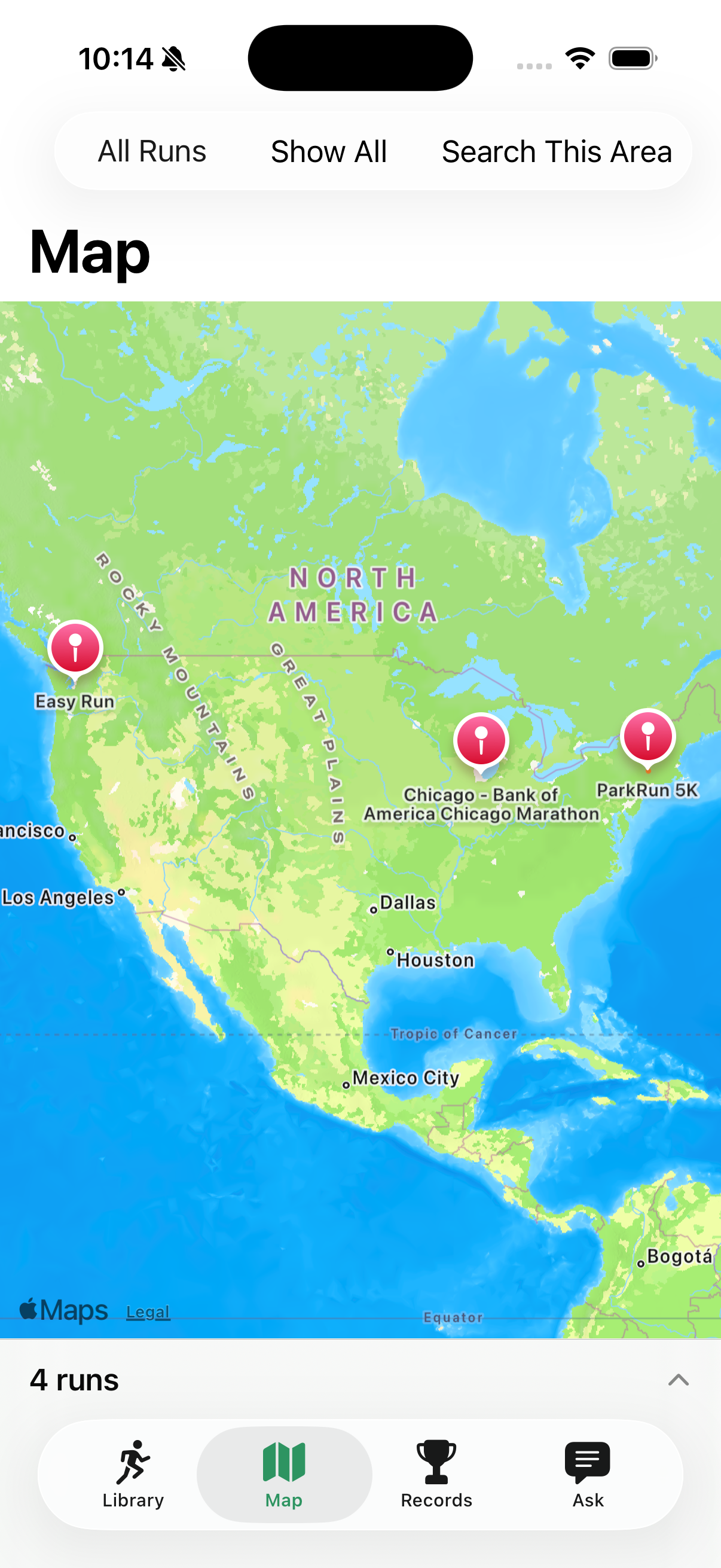 RunRecall Map view showing run locations across North America