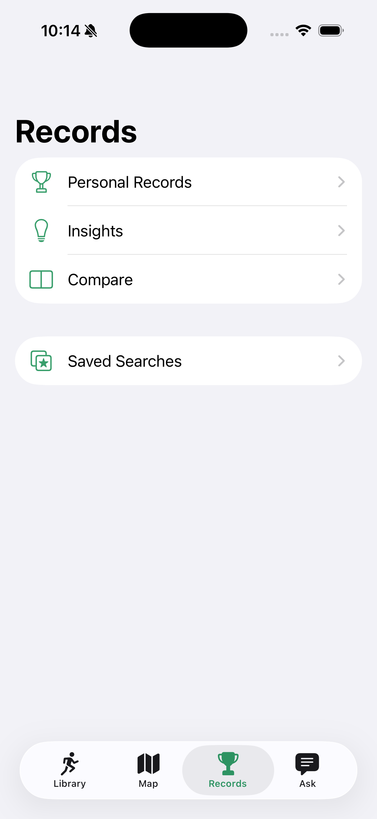 RunRecall Records screen with Personal Records, Insights, Compare, and Saved Searches