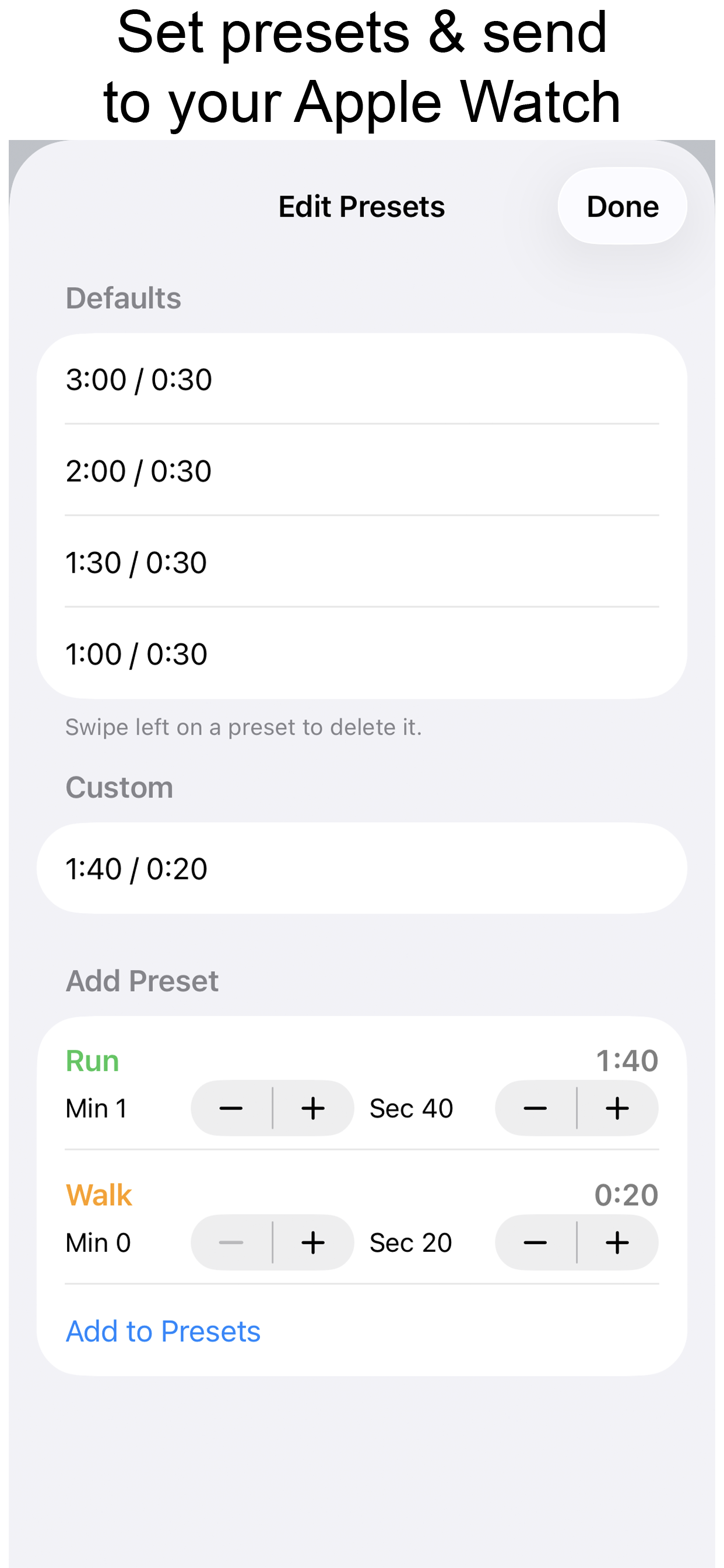 RunWalkTimer Edit Presets screen on iPhone