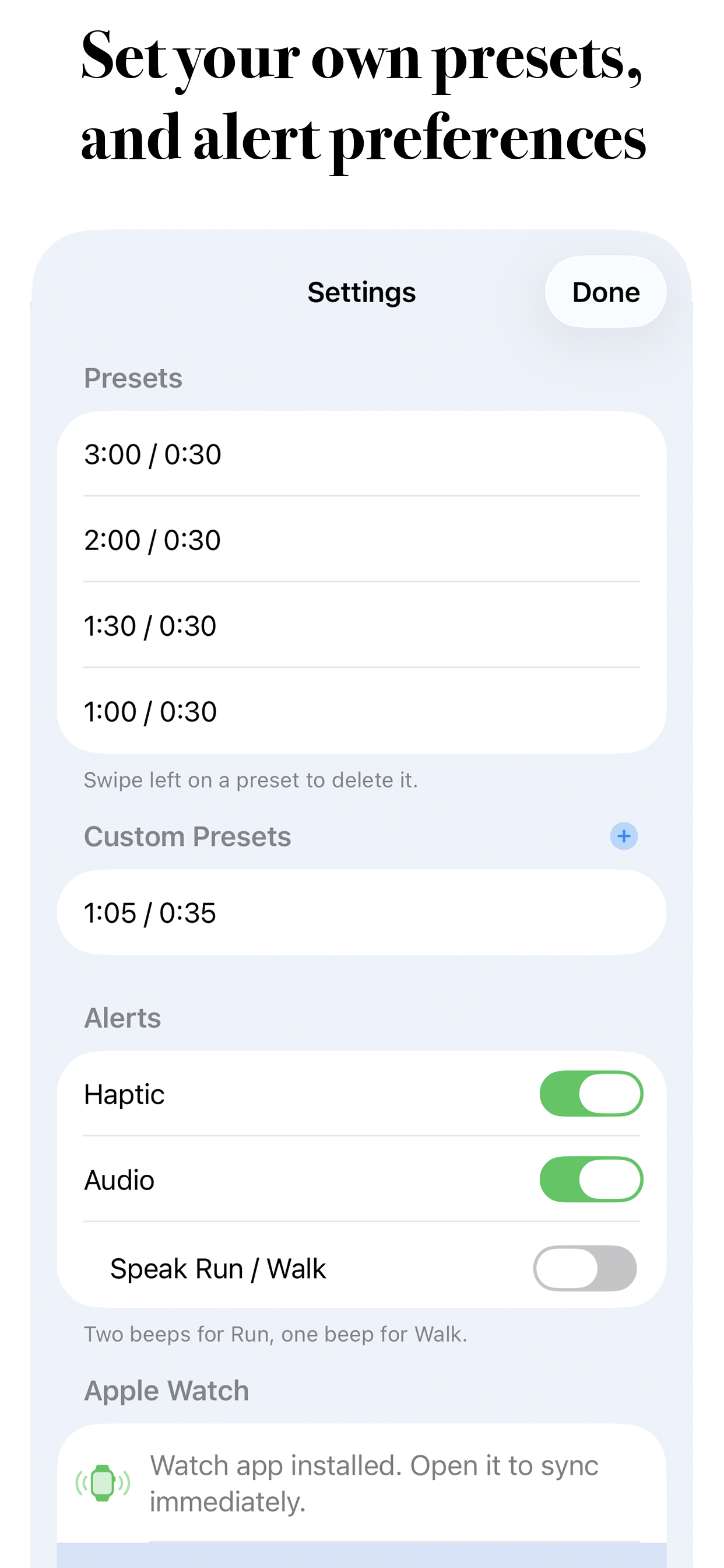 RunWalkTimer Settings with presets, haptic and audio alerts, and Apple Watch sync status